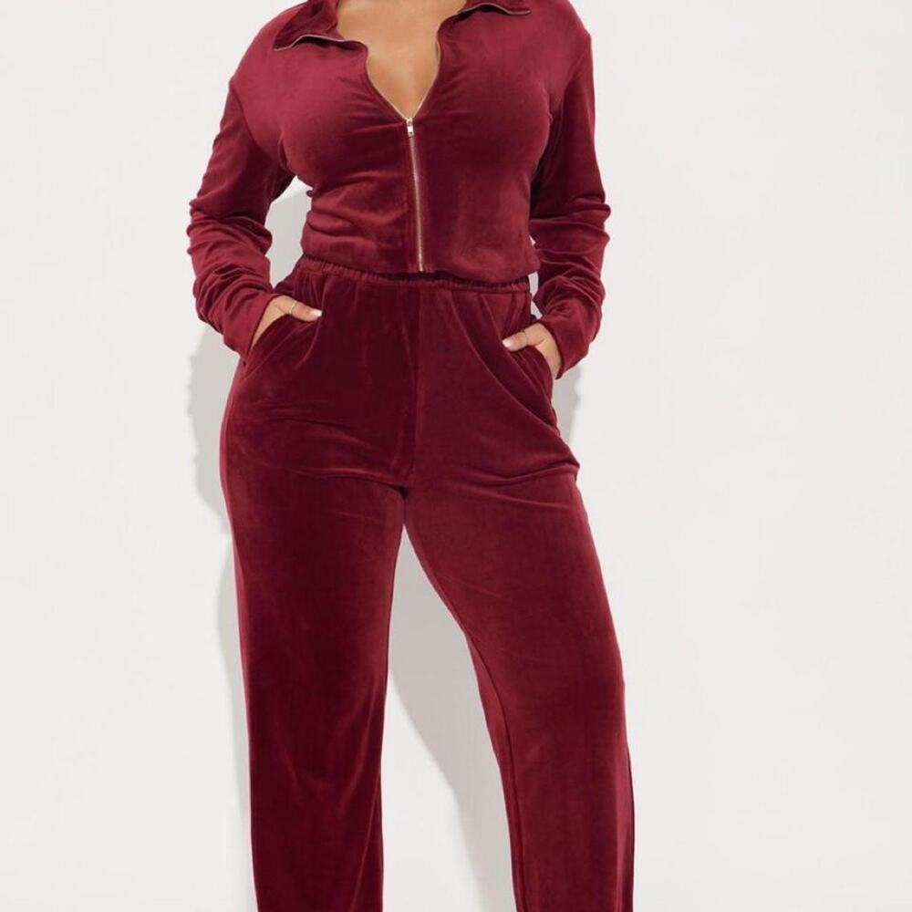 Fashion nova burgundy velour jumpsuit